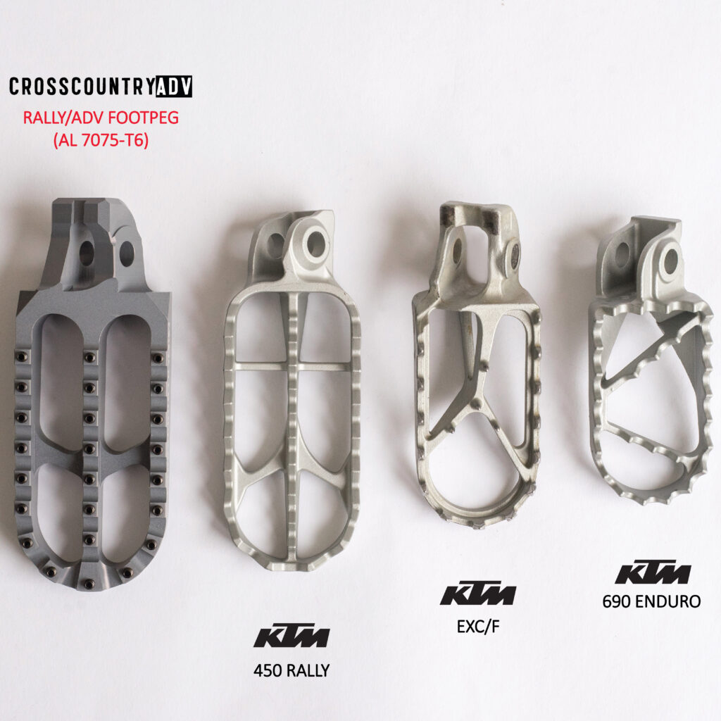 Aluminum footpegs are the best option, but keep in mind that not all aluminum is made equal. There are a lot of aluminum alloys out there: usually, the cheap aluminum footpegs are made from 6061 T6, which is not as strong and durable as 7075 T6 (here at Cross Country ADV, we use 7075 T651). 7075 is more than 1,5 times stronger compared to 6061.
